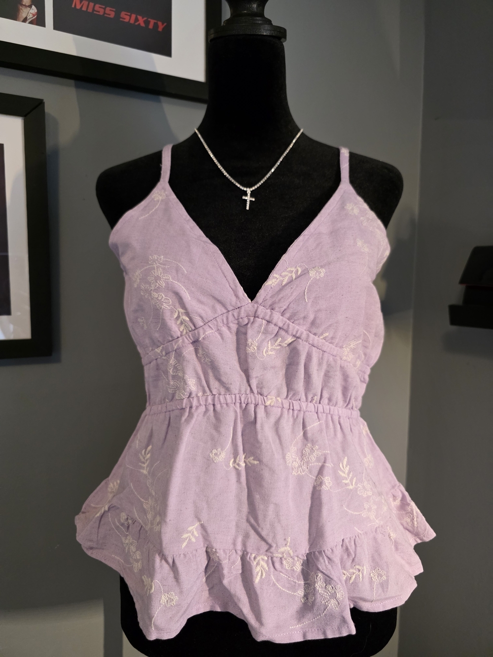 NWT Sim & Sam Lavender Floral Embroidered Peplum Cami Top L 🧚‍♀️ Fairycore